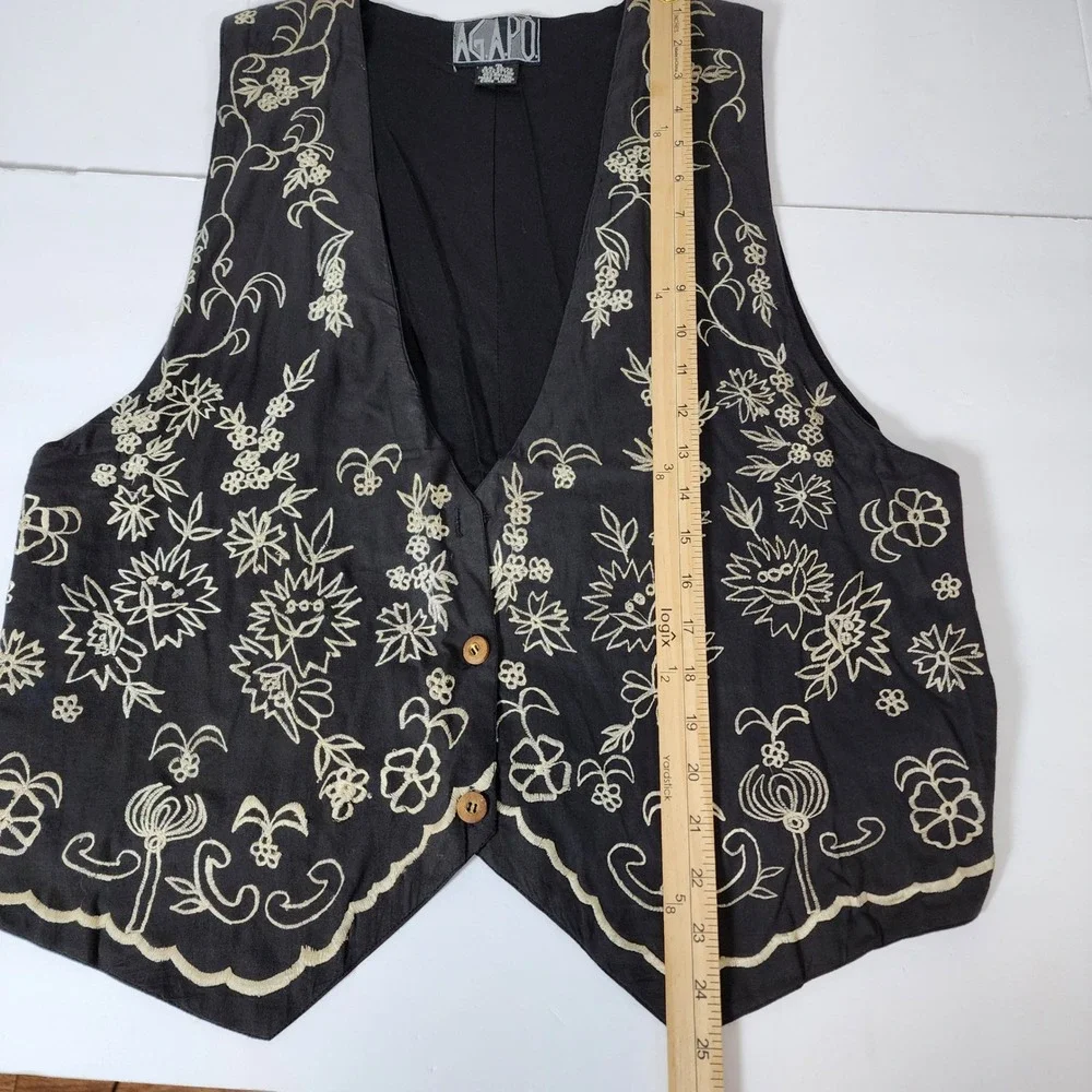 Vintage‎ Agapo Black Embroidered Floral Sun Boho Vest Scalloped Medium India